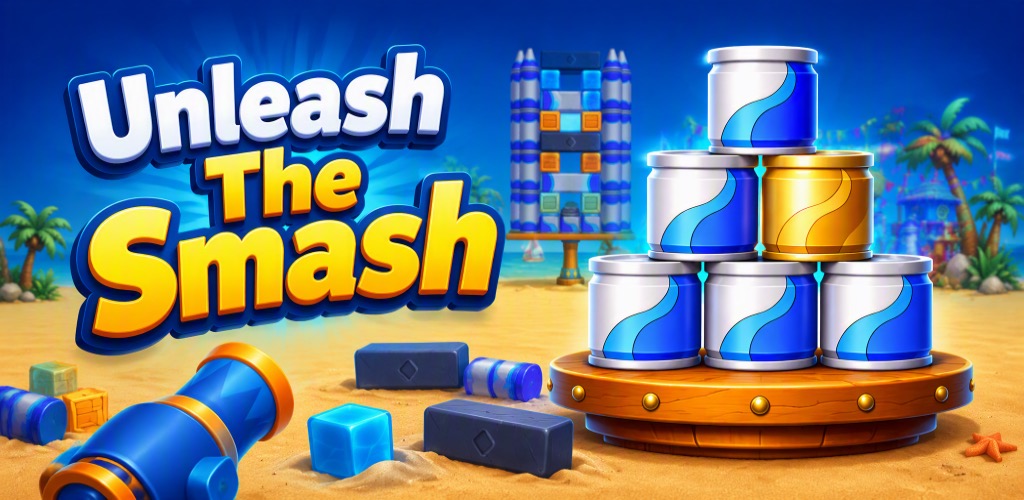 Unleash The Smash — carnival cans stacked on a wooden pedestal