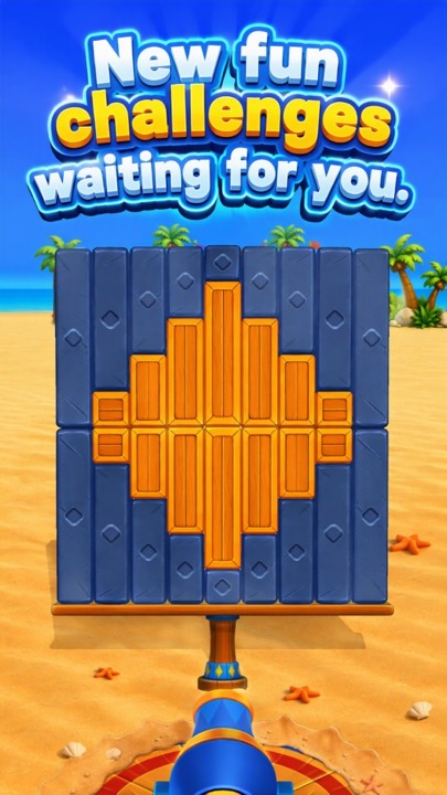 Gameplay: smash blue and wooden blocks on the beach