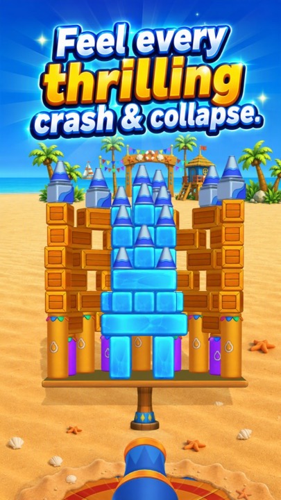 Gameplay: stacked cans and ice cubes ready to collapse